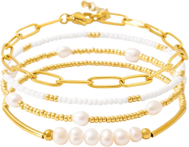 Pymach Store Dainty Gold Plated Pearl Crystal Beaded Bracelets Set for Women 14K Gold Plated Bead Pearl Beads Bracelet Stackable Paperclip Link Chain Bracelets Gold Plated Bracelets for Women Trendy Jewelry - Image 1